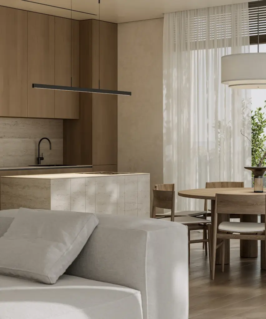 Light wood kitchen interior with island and built-in appliances