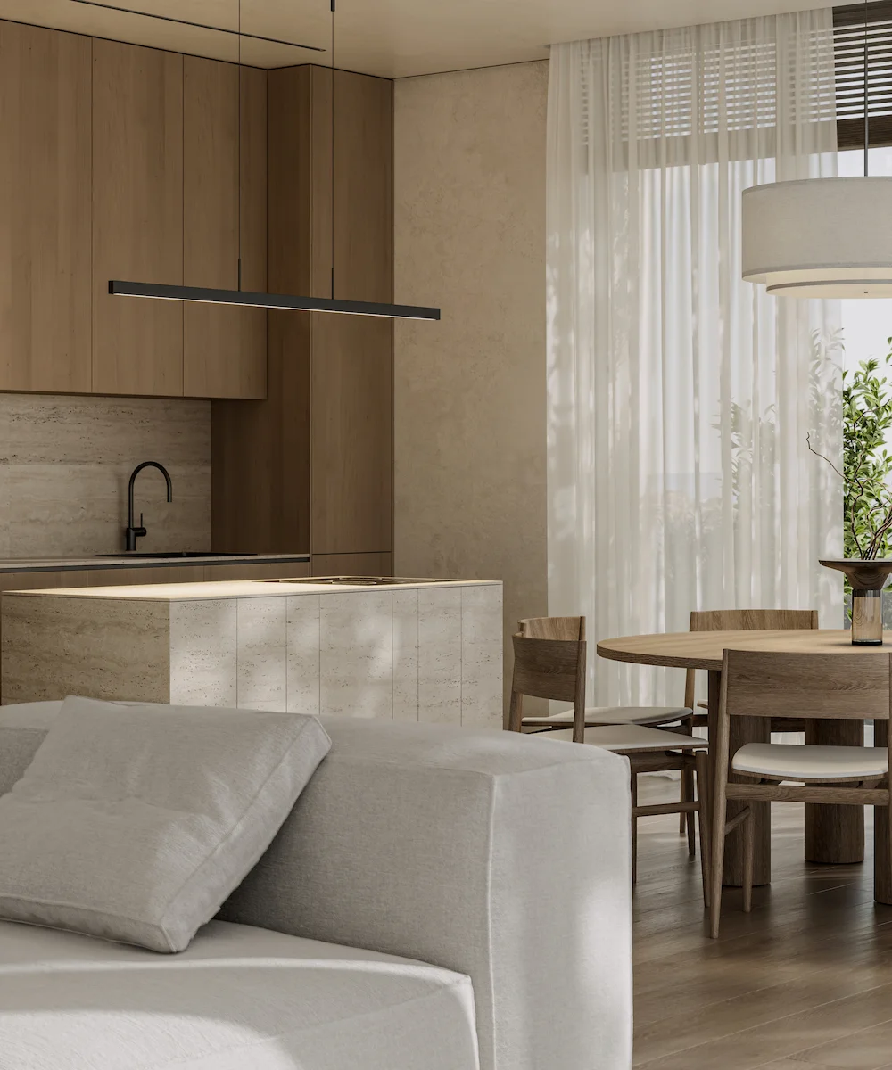 Light wood kitchen interior with island and built-in appliances