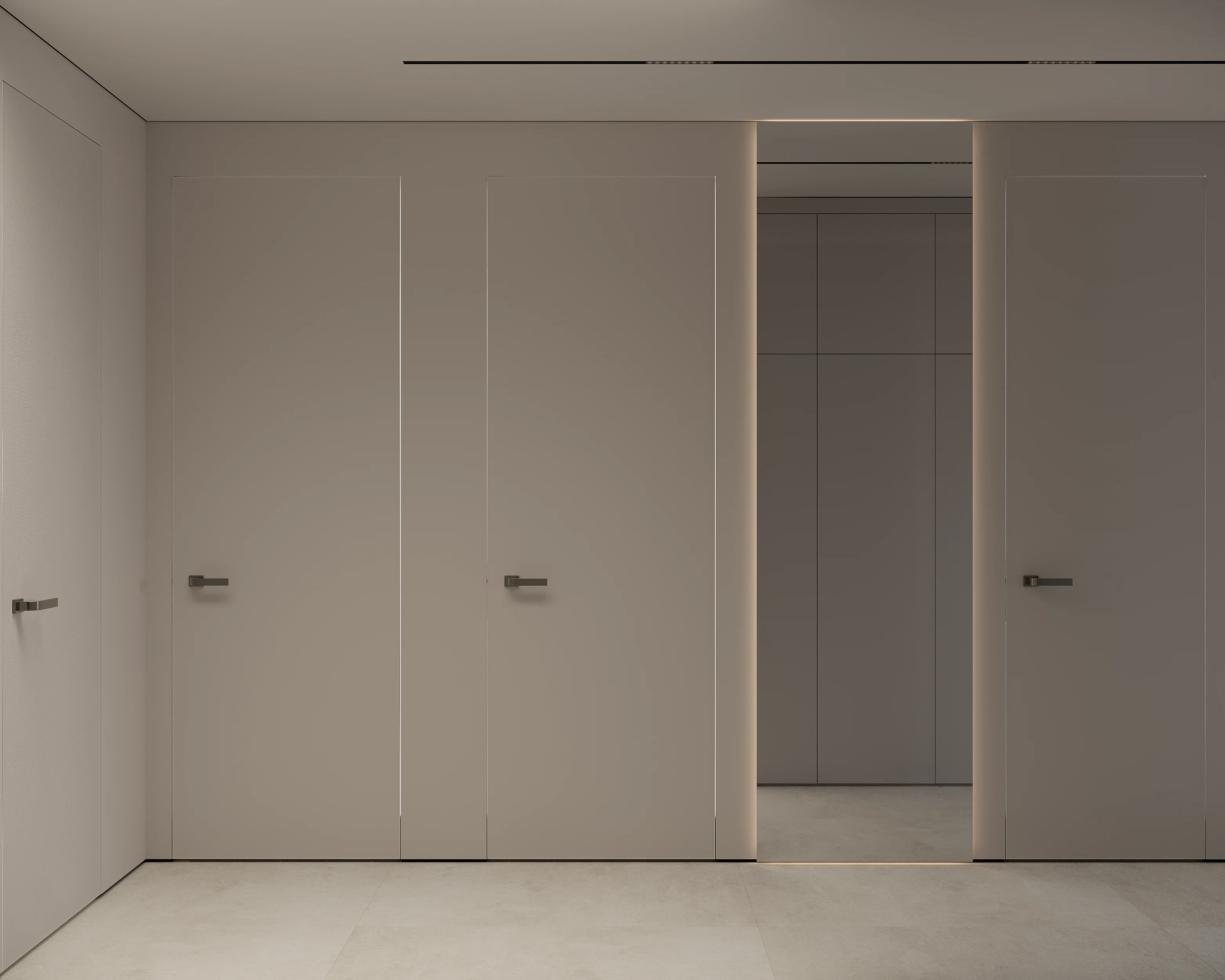 Minimalist hallway with built-in doors created using CGI services and 3D product visualization