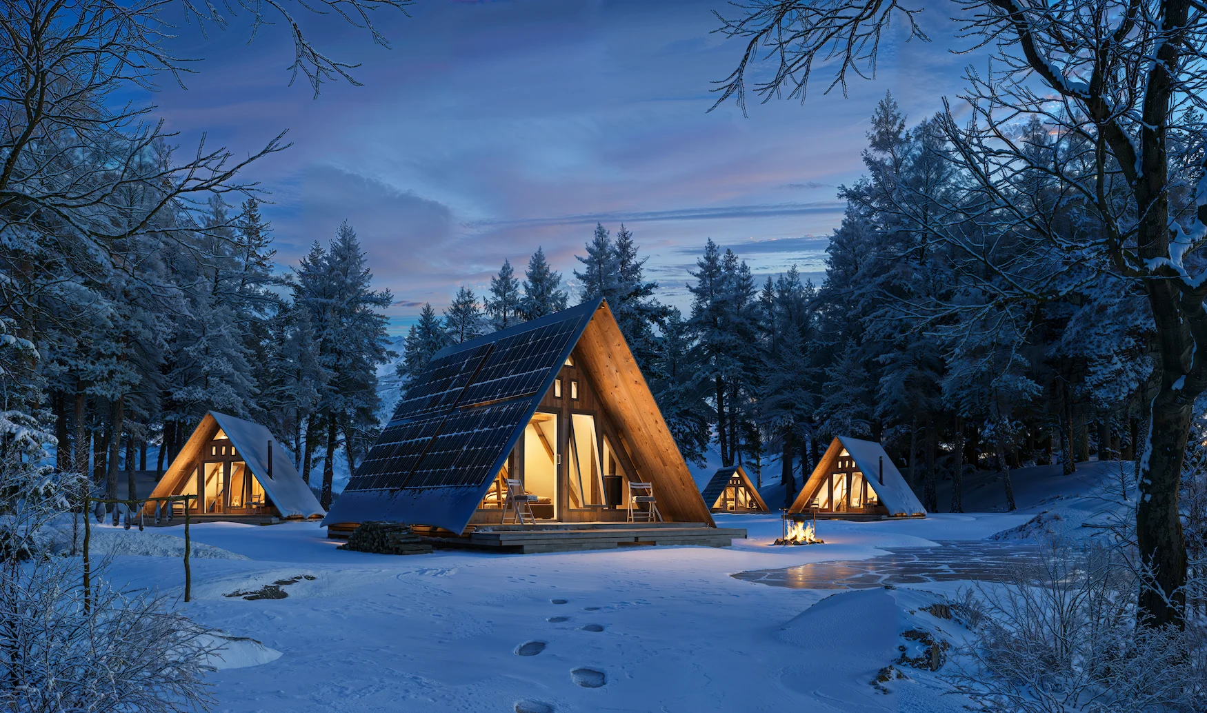 A-frame winter cabin visualized through real estate rendering services and 3D rendering for real estate