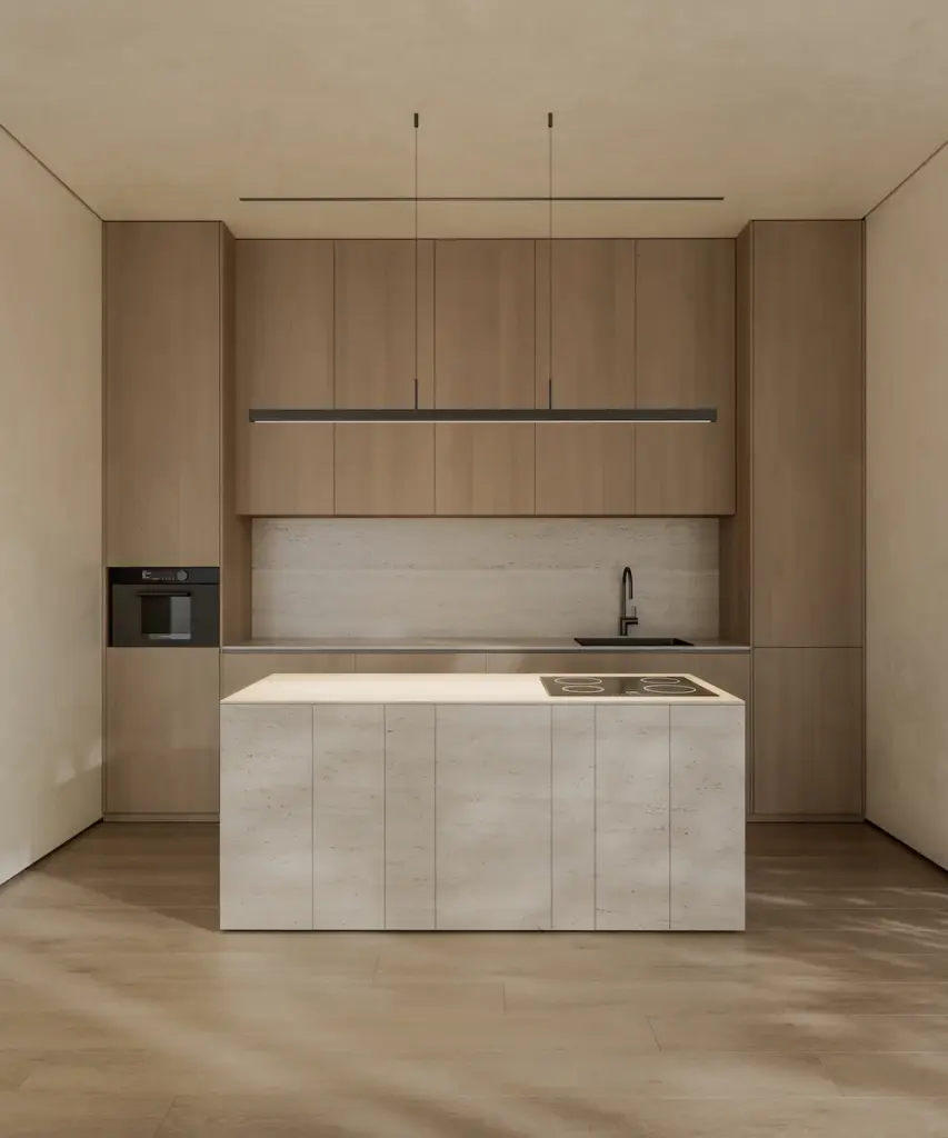 Light wood kitchen interior with island and built-in appliances