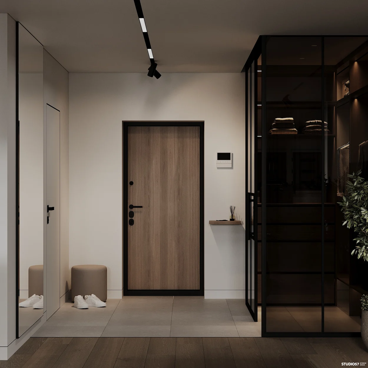 Entryway featuring wooden door created using 3D product visualization and CGI services