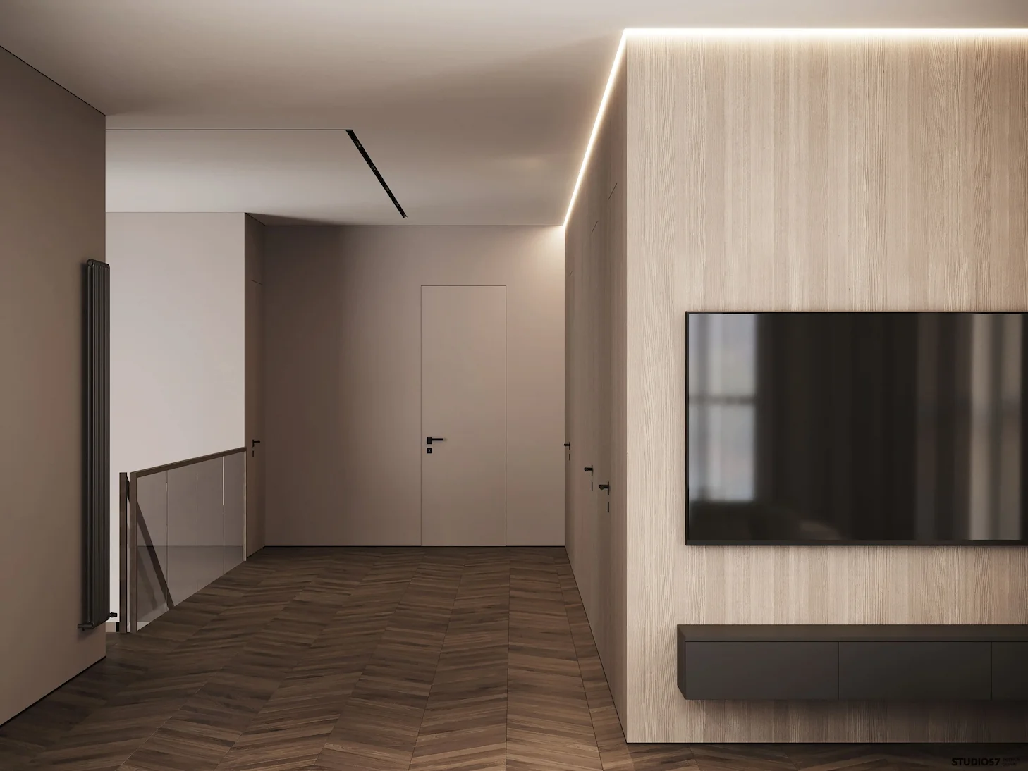 Modern hallway design with minimalist door, visualized with high-end 3D CGI for manufacturers.