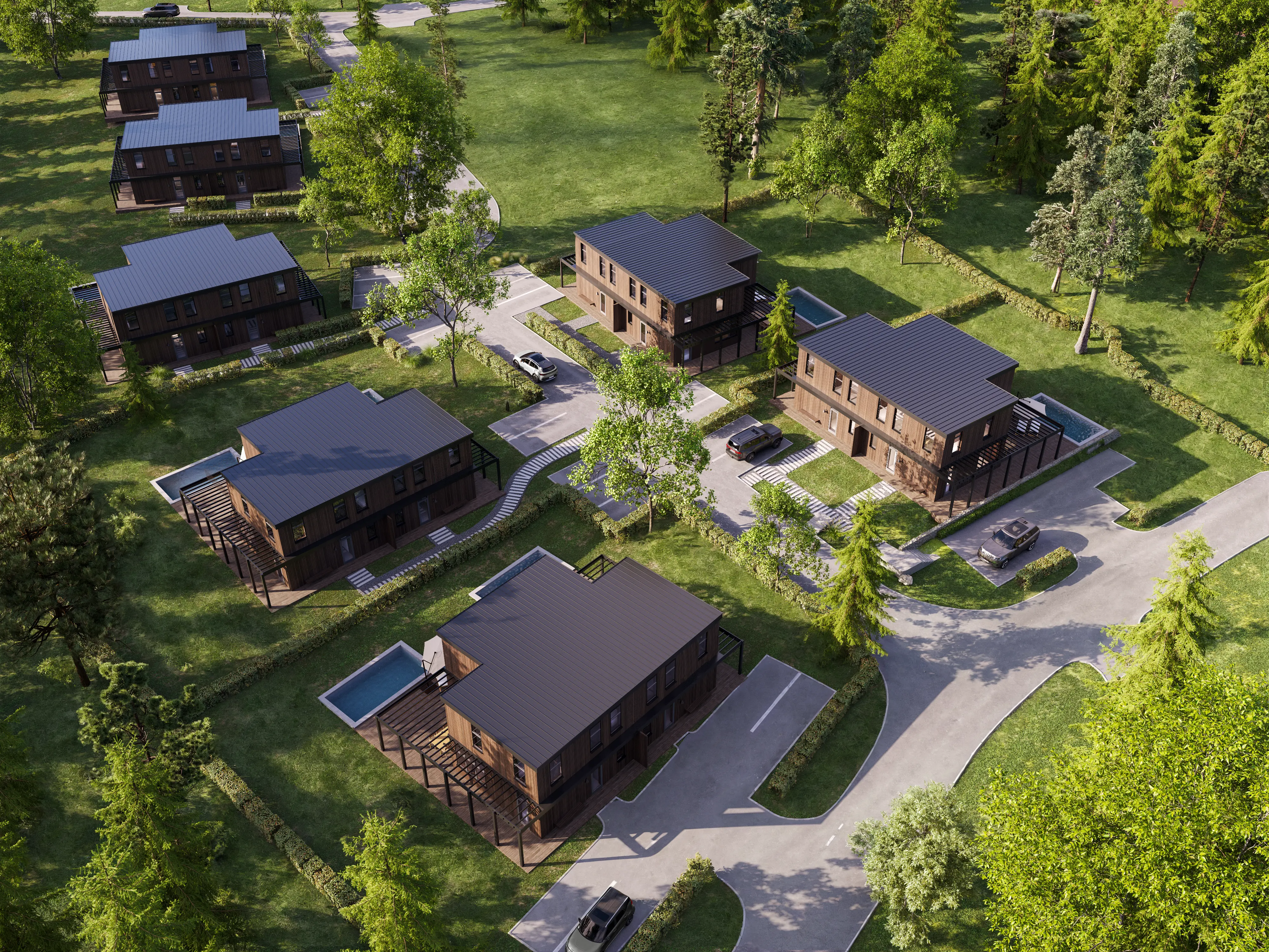 Aerial residential community created using 3D rendering for real estate and real estate rendering services