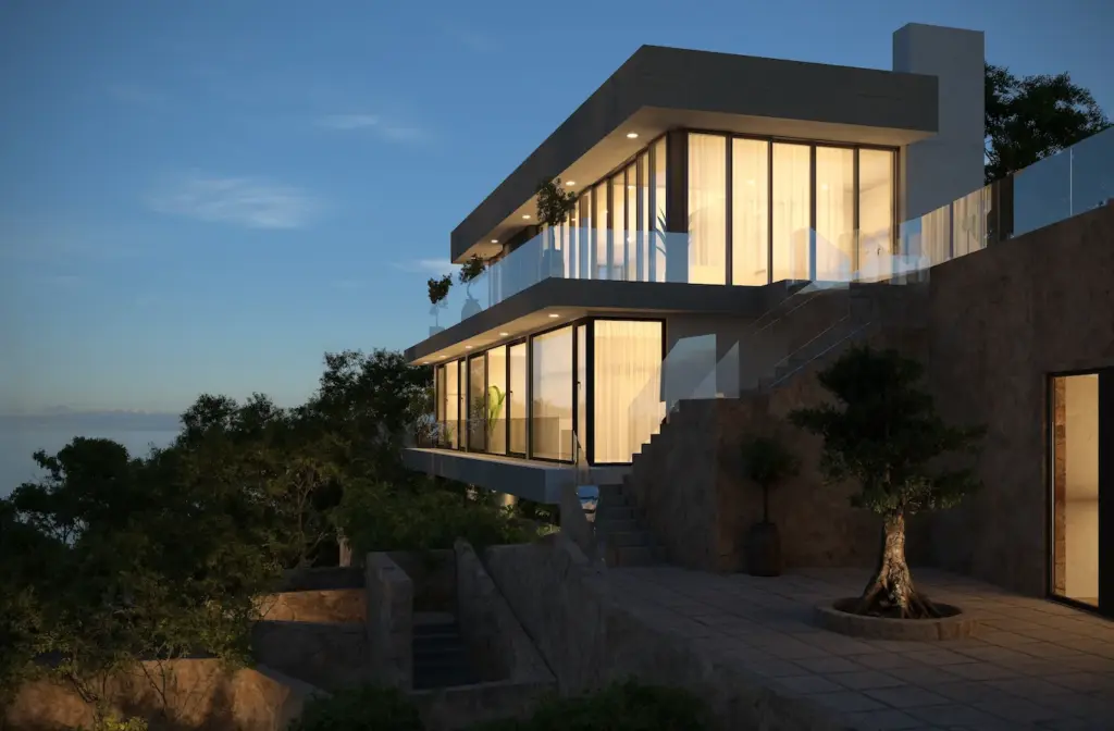 Evening exterior rendering of contemporary villa with illuminated interiors