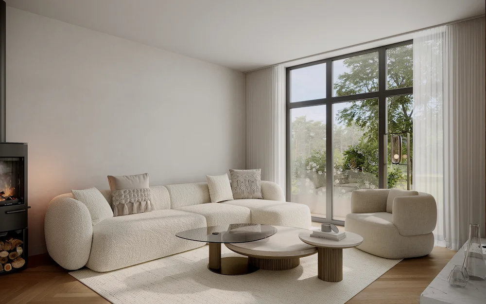 Bright modern living room with large windows and neutral furniture