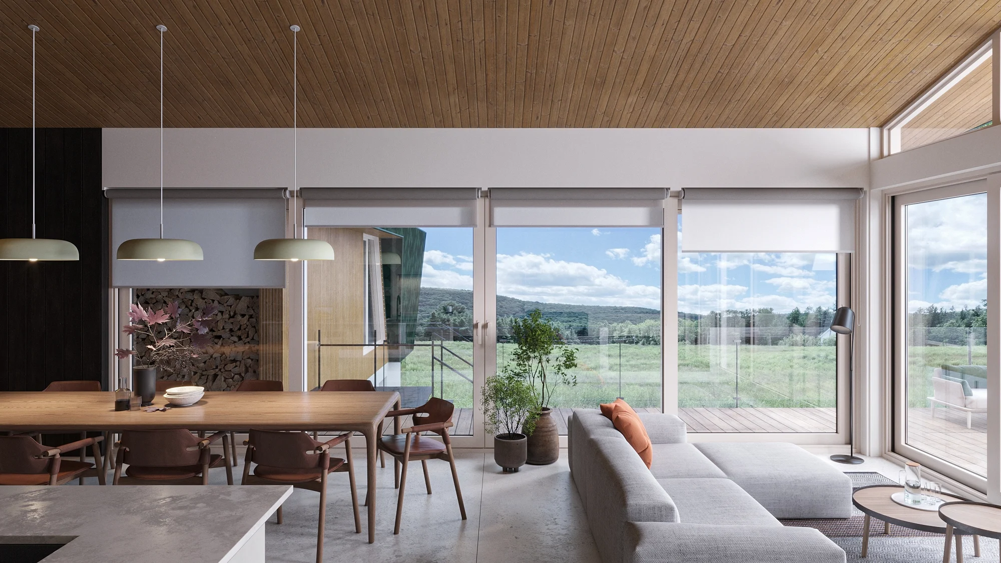 Bright living room showcasing large patio doors through 3D product visualization and CGI services