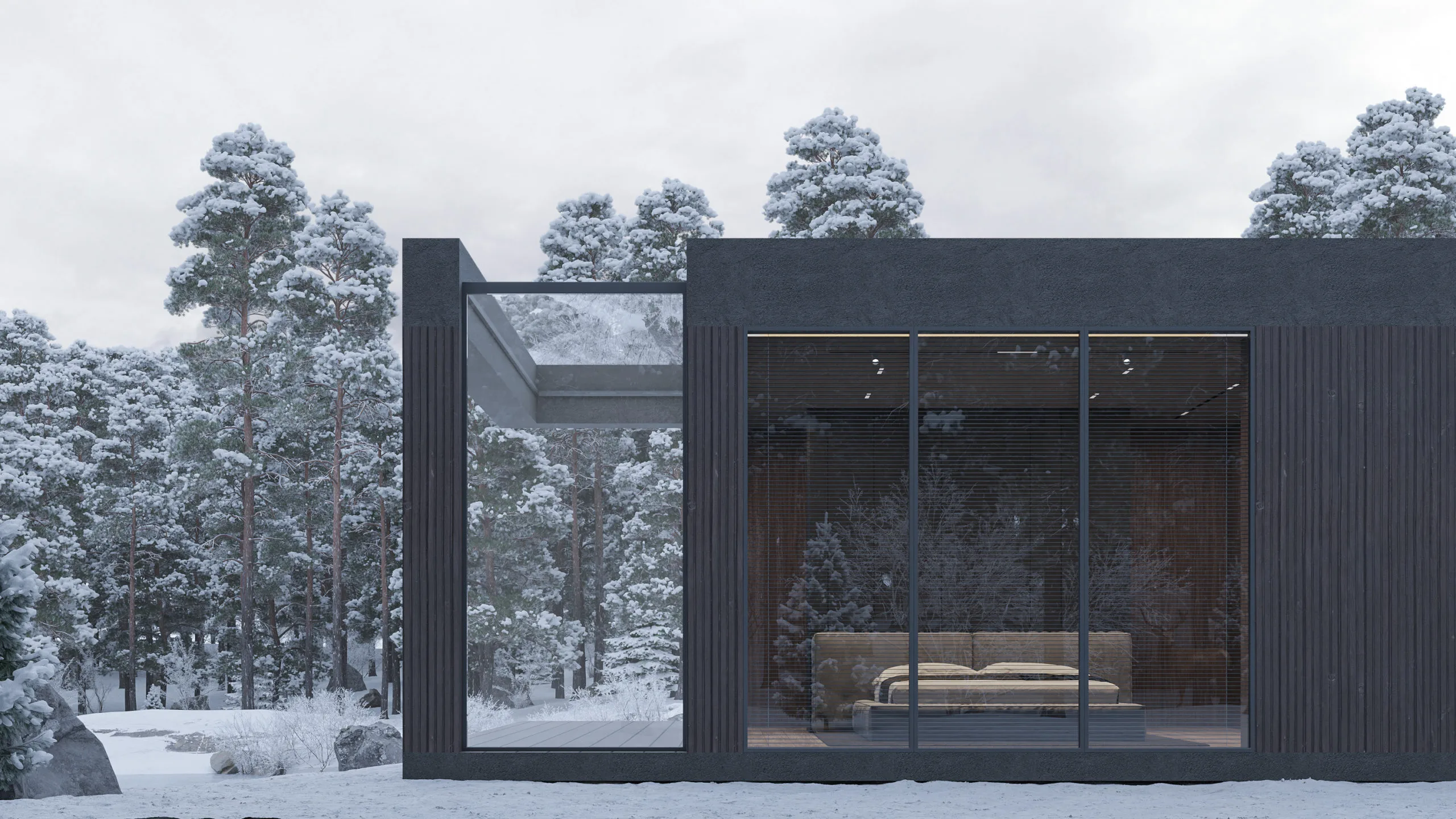 Dark winter cabin rendered through 3D visualization for real estate and 3D Rendering Services for Real Estate