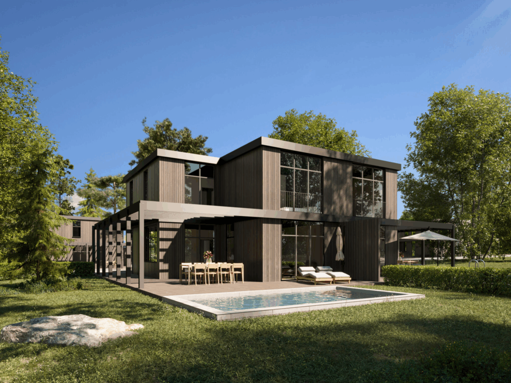 Modern two-story house with glass facade, terrace, and outdoor pool surrounded by trees