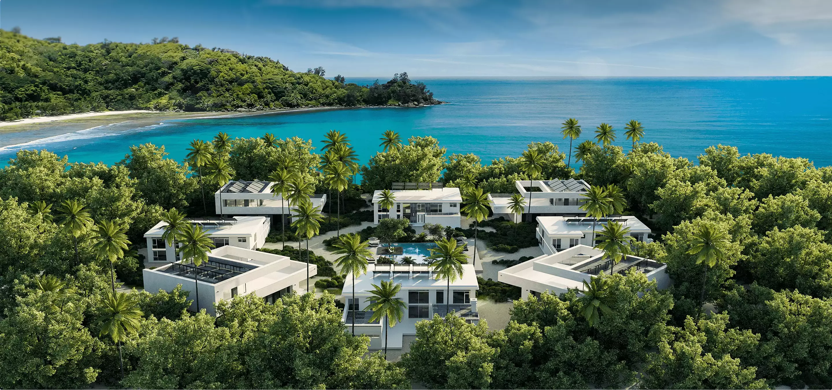 Tropical resort with modern villas palm trees and ocean view, 10 best 3D rendering companies in the UK for architectural visualization and real estate