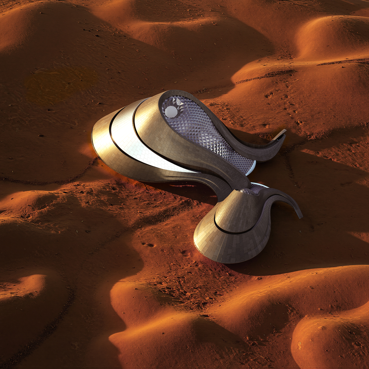 Aerial view of sculptural desert building with curved roofs and textured surfaces surrounded by wind-shaped sand dunes