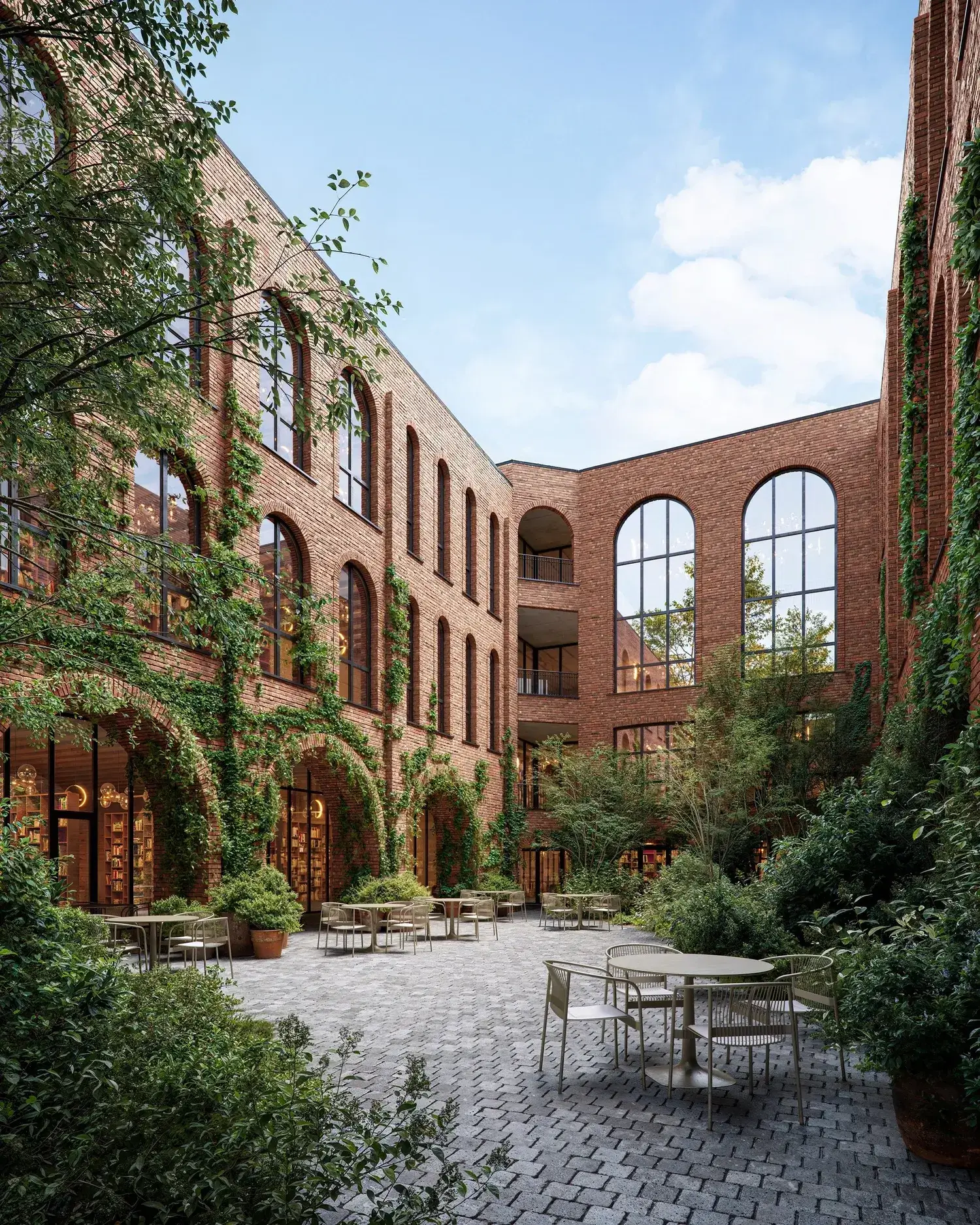 Brick courtyard residential building with arched windows and greenery in an architectural rendering portfolio