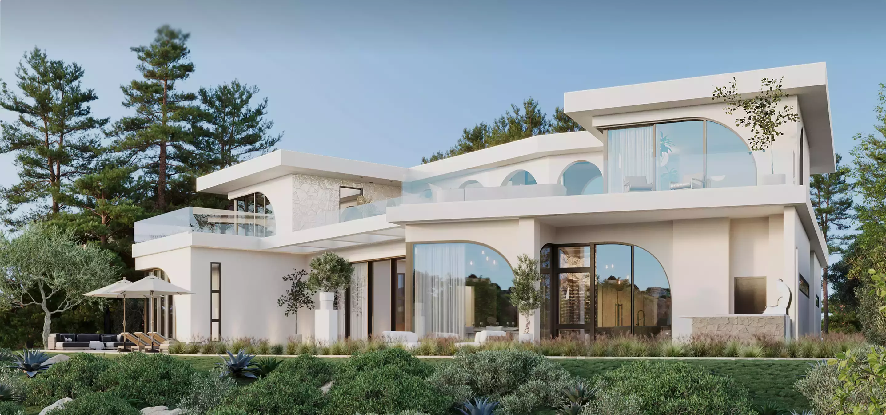 Contemporary house with glass facade and garden, top 10 3d visualization studio portfolios 2026