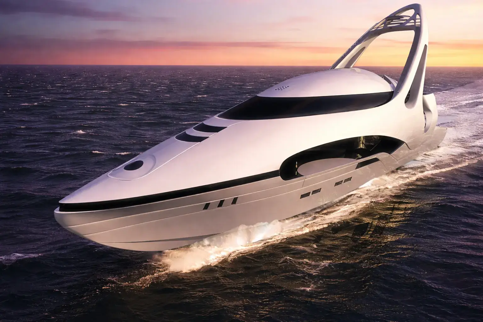 Futuristic motor yacht cruising on open sea at sunset with sculpted hull and elevated superstructure