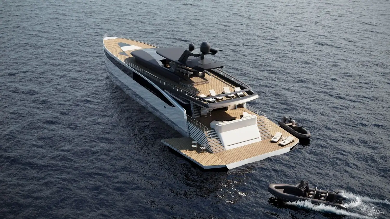 Large motor yacht seen from above on open water with tiered decks and support boats alongside