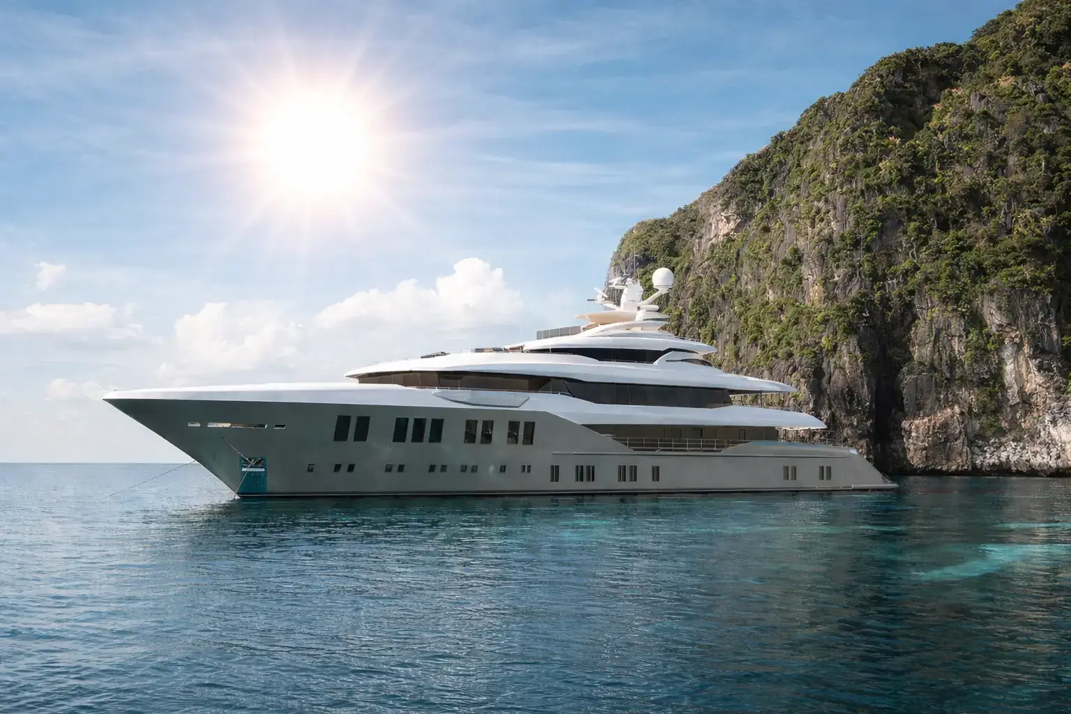 Luxury superyacht cruising through a narrow rocky cove with clear blue water and steep cliffs
