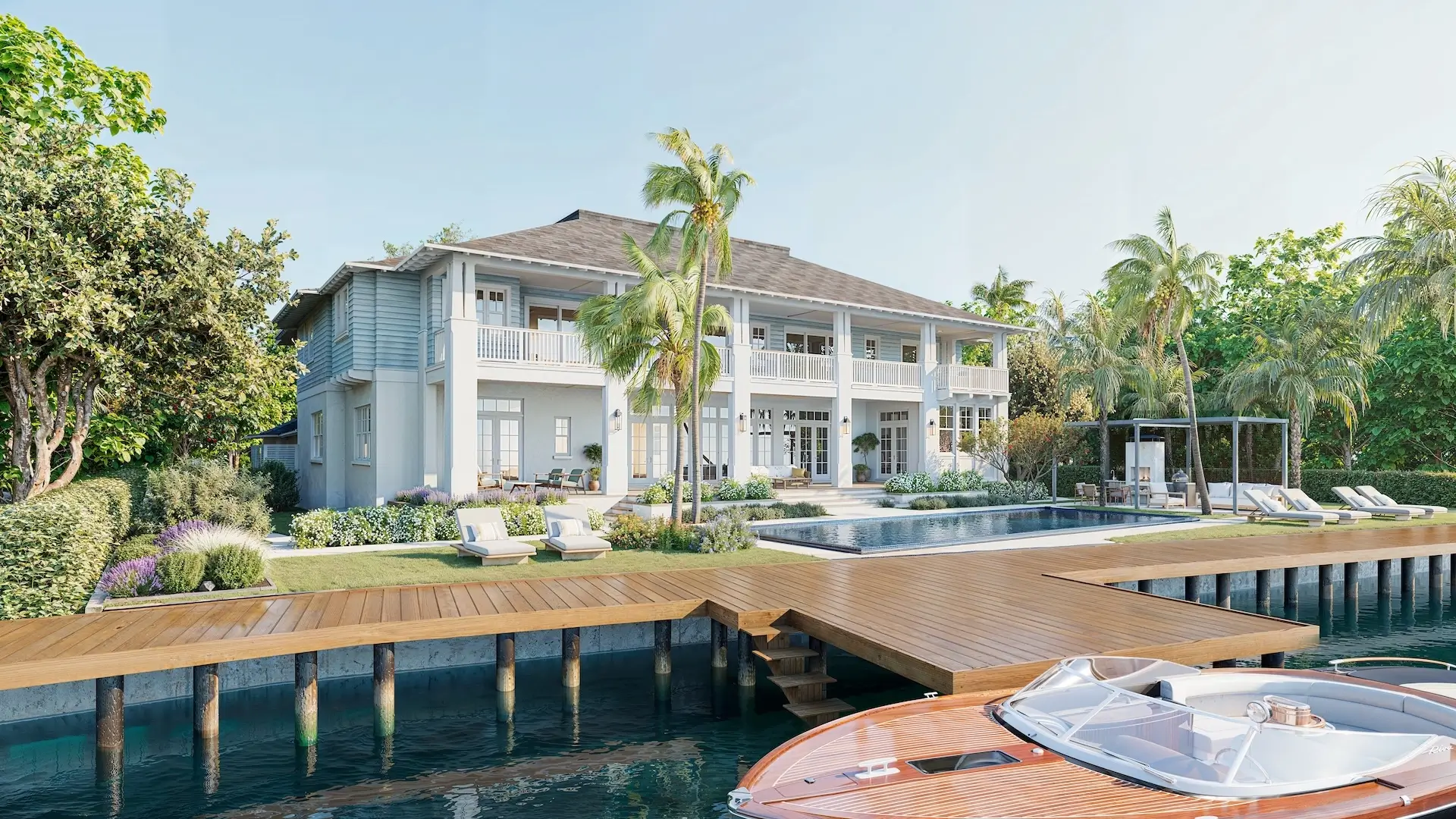 Luxury waterfront villa with pool, palm trees, and private dock in an architectural rendering portfolio