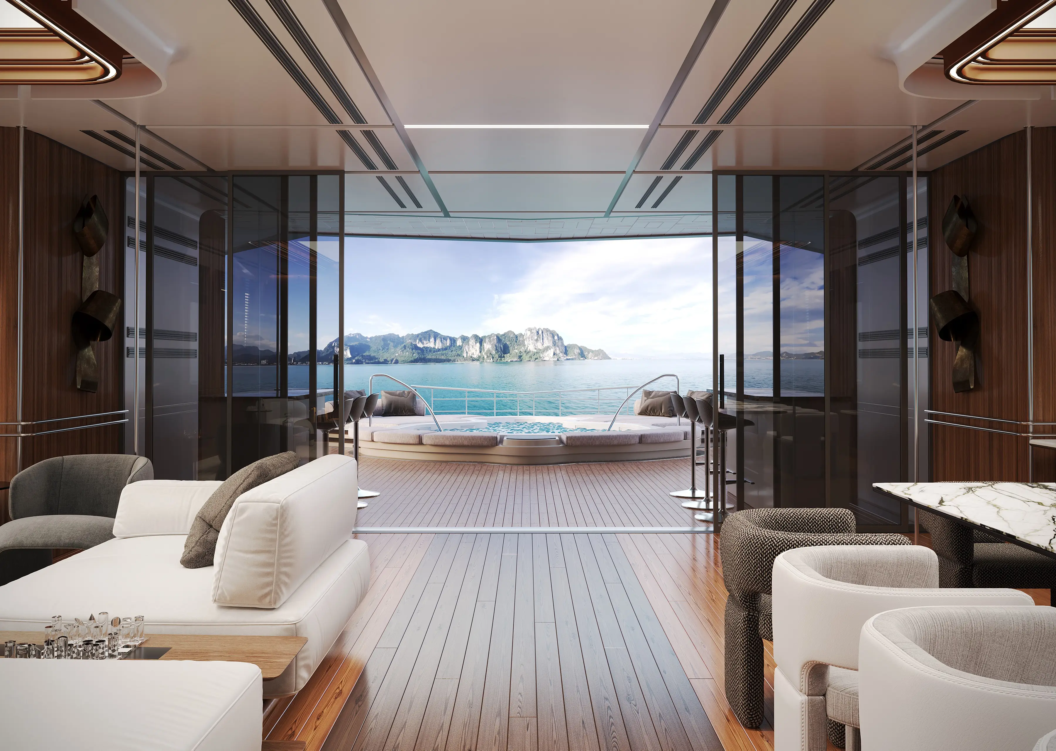 Luxury yacht interior lounge opening onto an outdoor deck with seating and open sea view