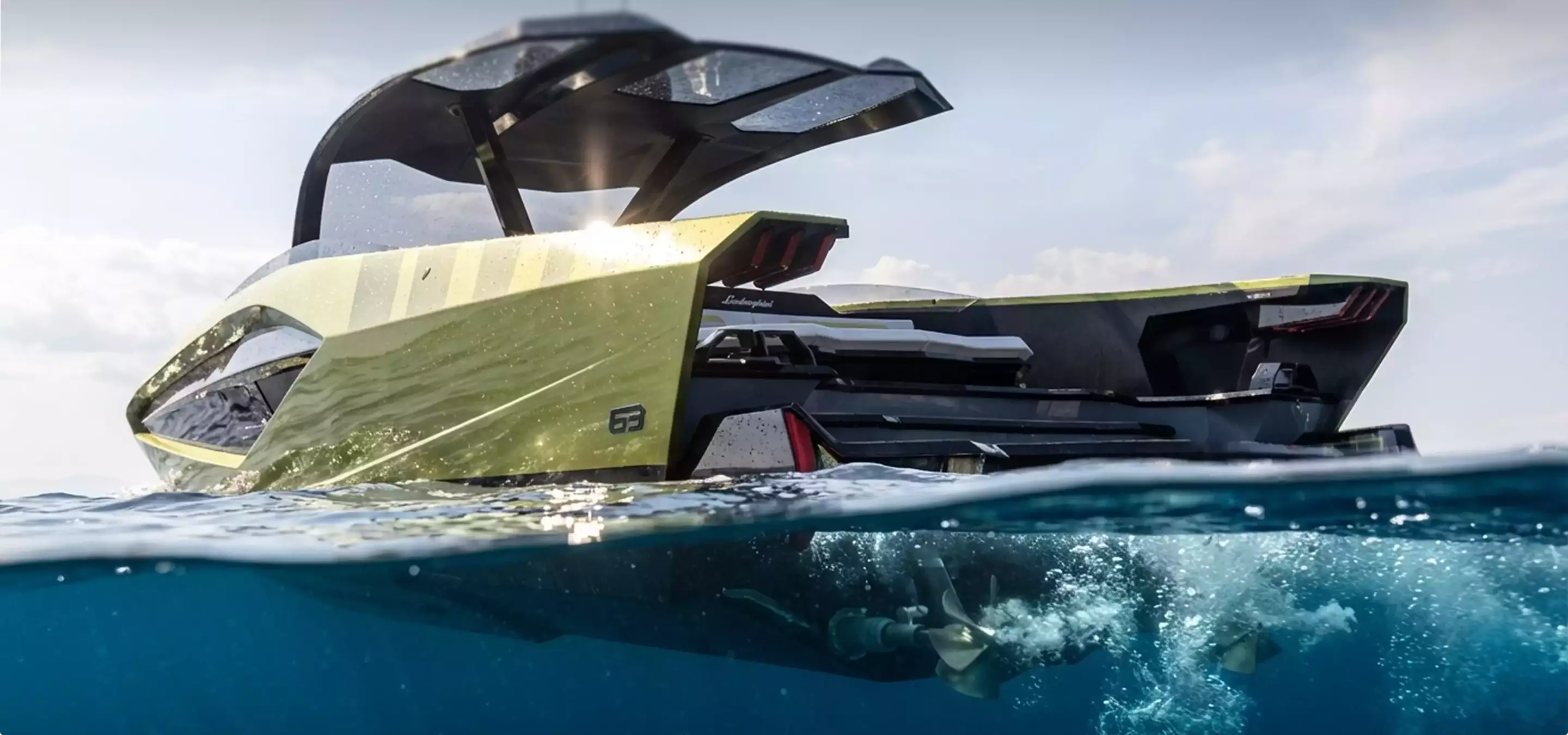 Modern yacht on ocean with underwater view and hull details, yacht visualization rendering for marketing