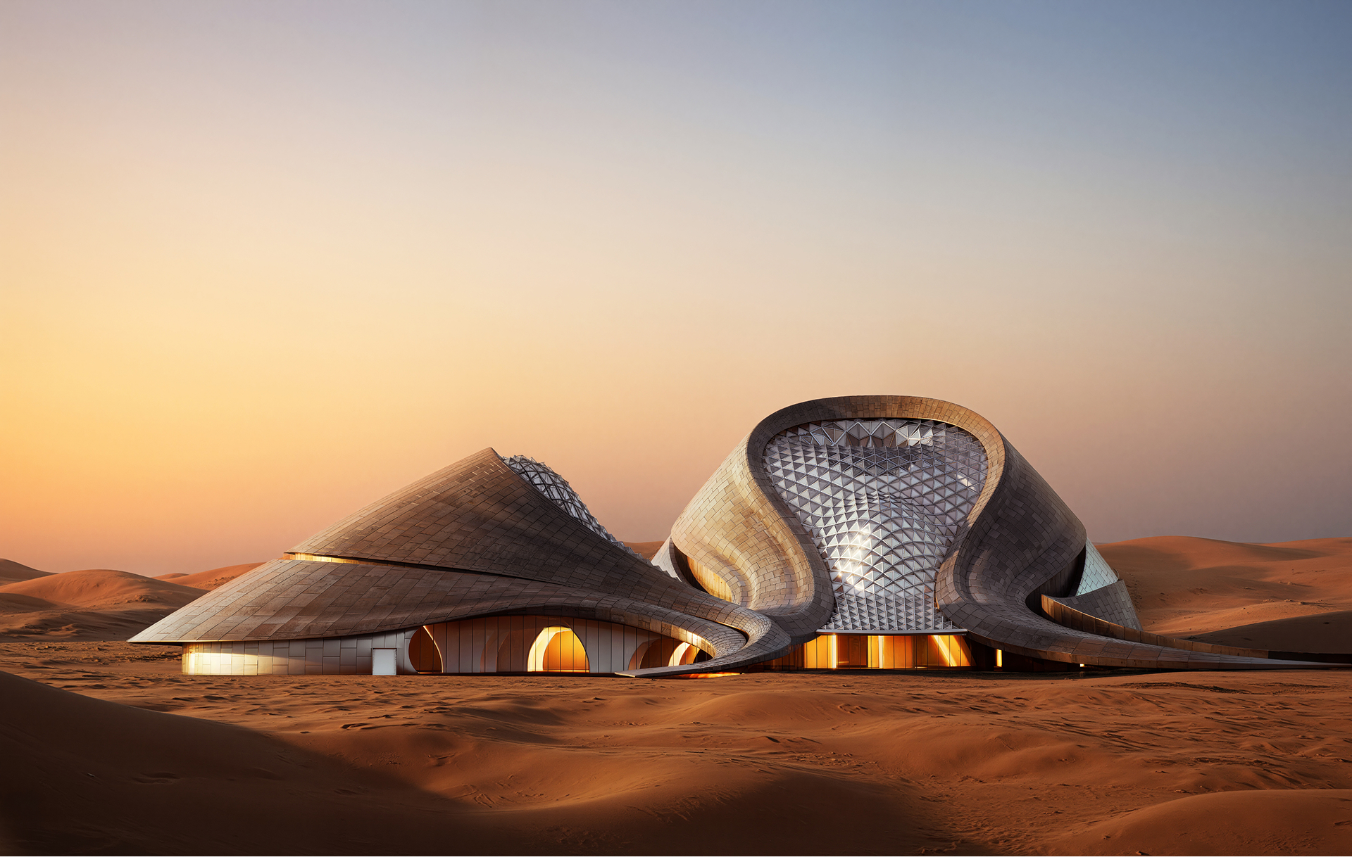 Modern desert architecture with curved stone volumes and geometric skylights set among rolling sand dunes