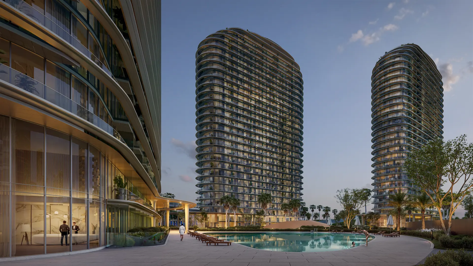 Modern residential towers arranged around a landscaped courtyard in an architectural visualization portfolio