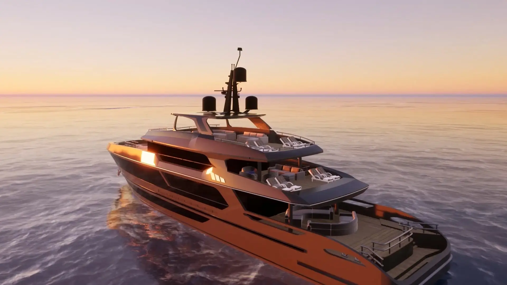Sport motor yacht underway on open water with streamlined profile and visible motion