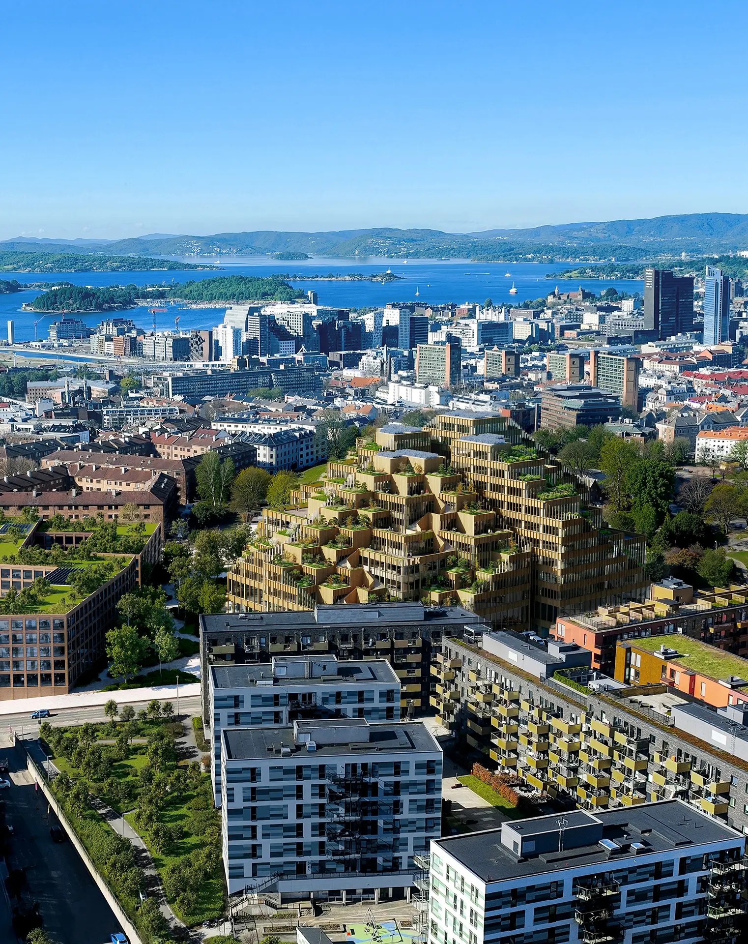 Stepped residential complex in an urban waterfront setting, part of an architectural visualization portfolio