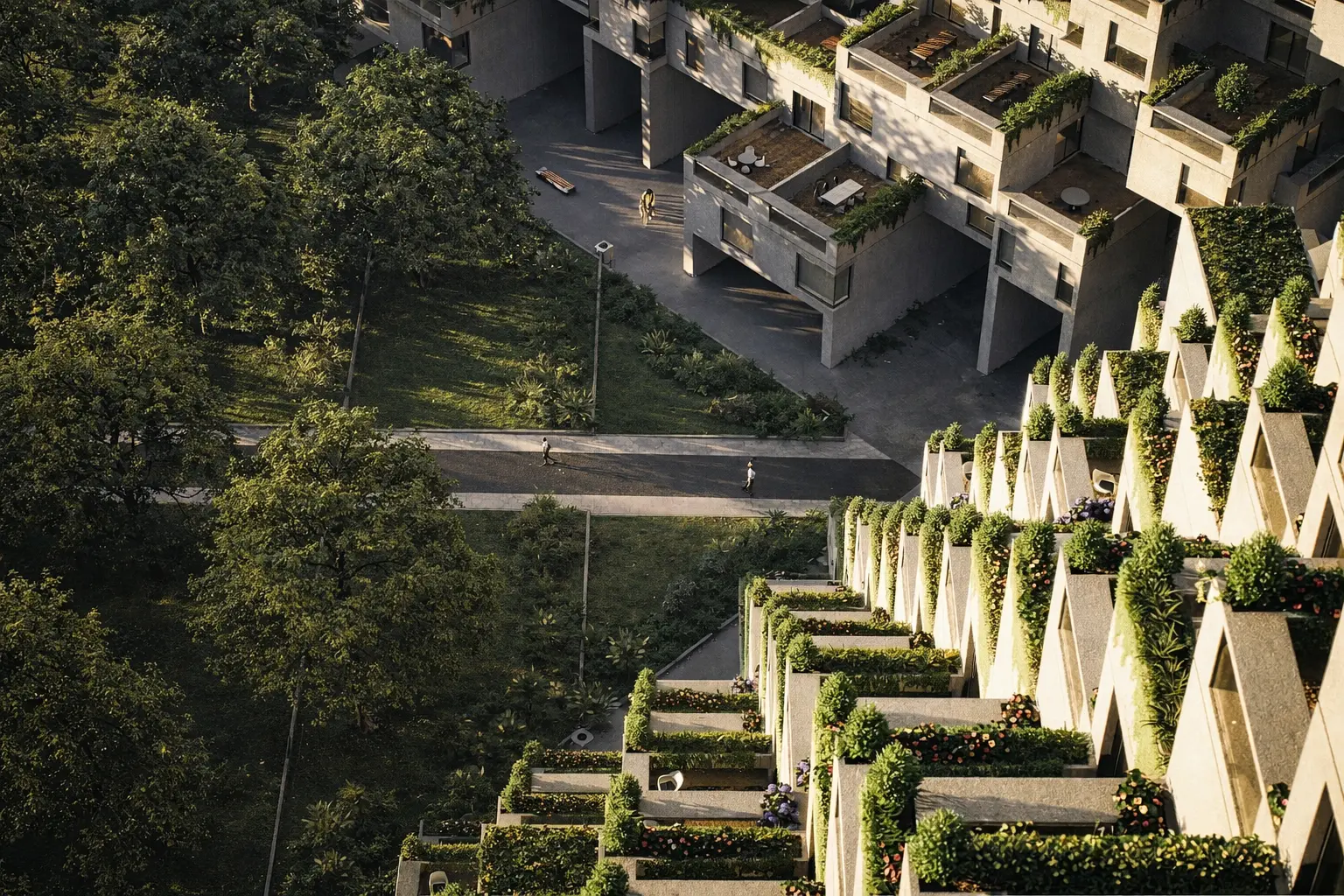 Terraced residential buildings with planted balconies in an architectural visualization portfolio