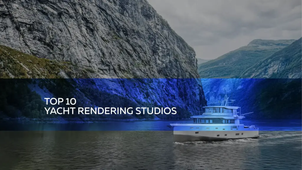 Luxury yacht cruising through a mountain fjord, cover image for top yacht rendering studios ranking