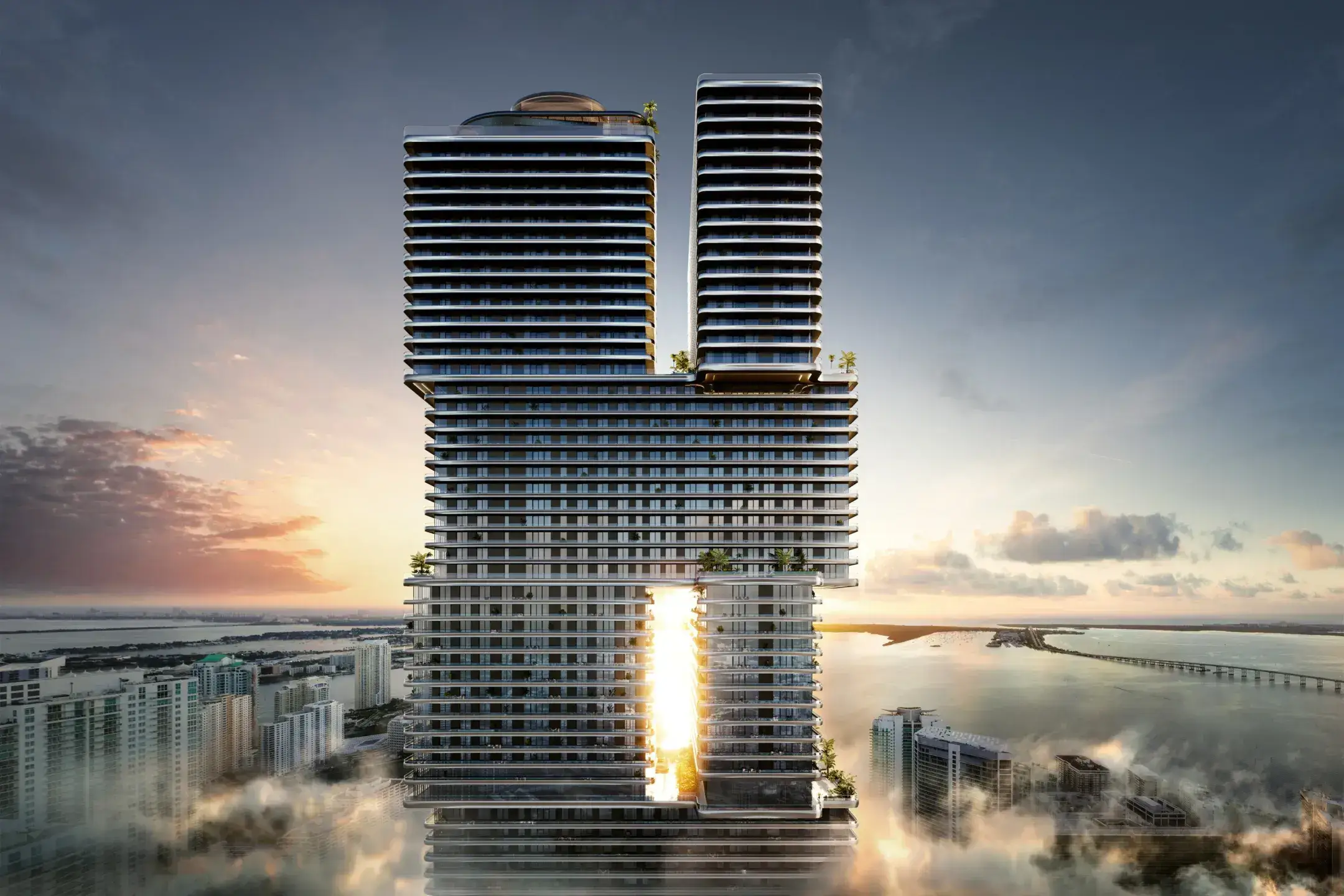 Twin high-rise towers connected by a mid-level volume over a waterfront skyline in a 3D architectural visualization portfolio