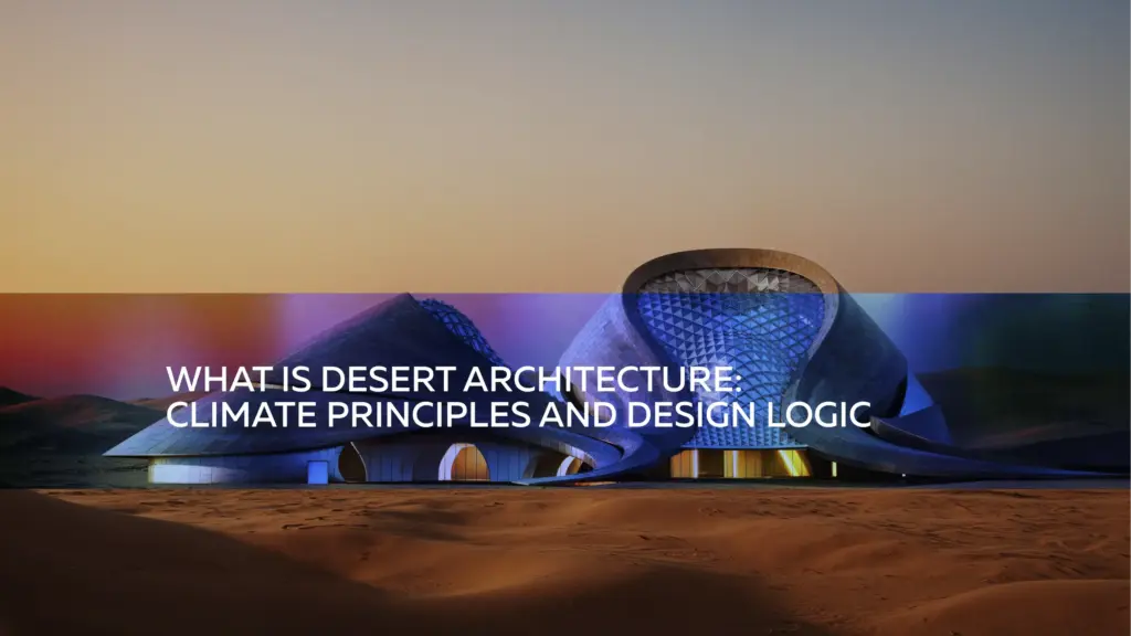 Modern desert architecture set in sand dunes at dusk, with sculptural forms and headline text overlay about climate principles
