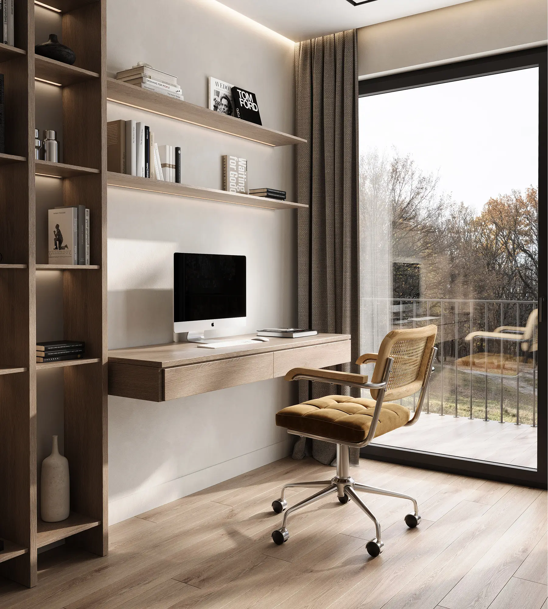 Home office visualized with 3D interior rendering software featuring natural daylight simulation