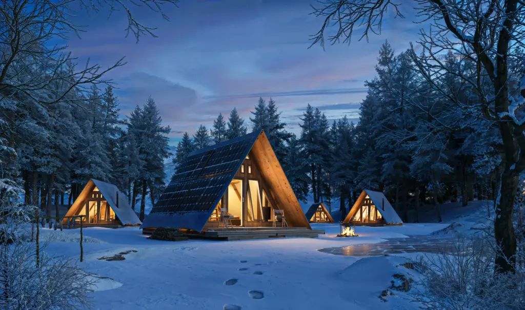 3D rendering of eco cabins with solar panels in a snowy forest at dusk.