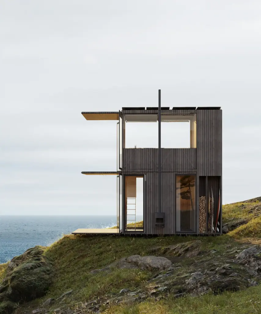 3D rendering of modern eco-home complex on a grassy seaside hill with glass greenhouse and wooden cabins.