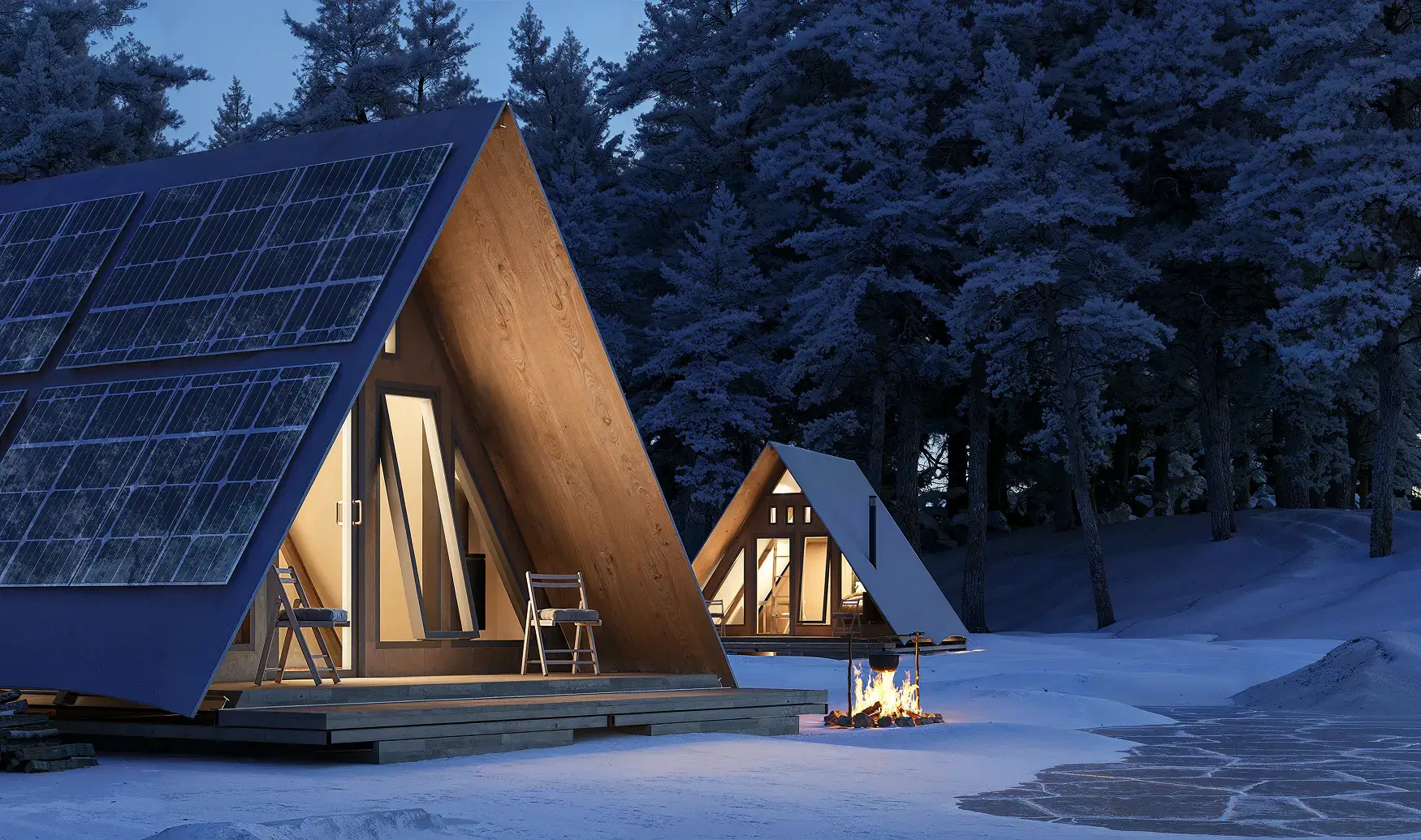 A-frame cabins in a snowy forest at night with warm interior lighting, solar panels on roofs, and a fire pit nearby