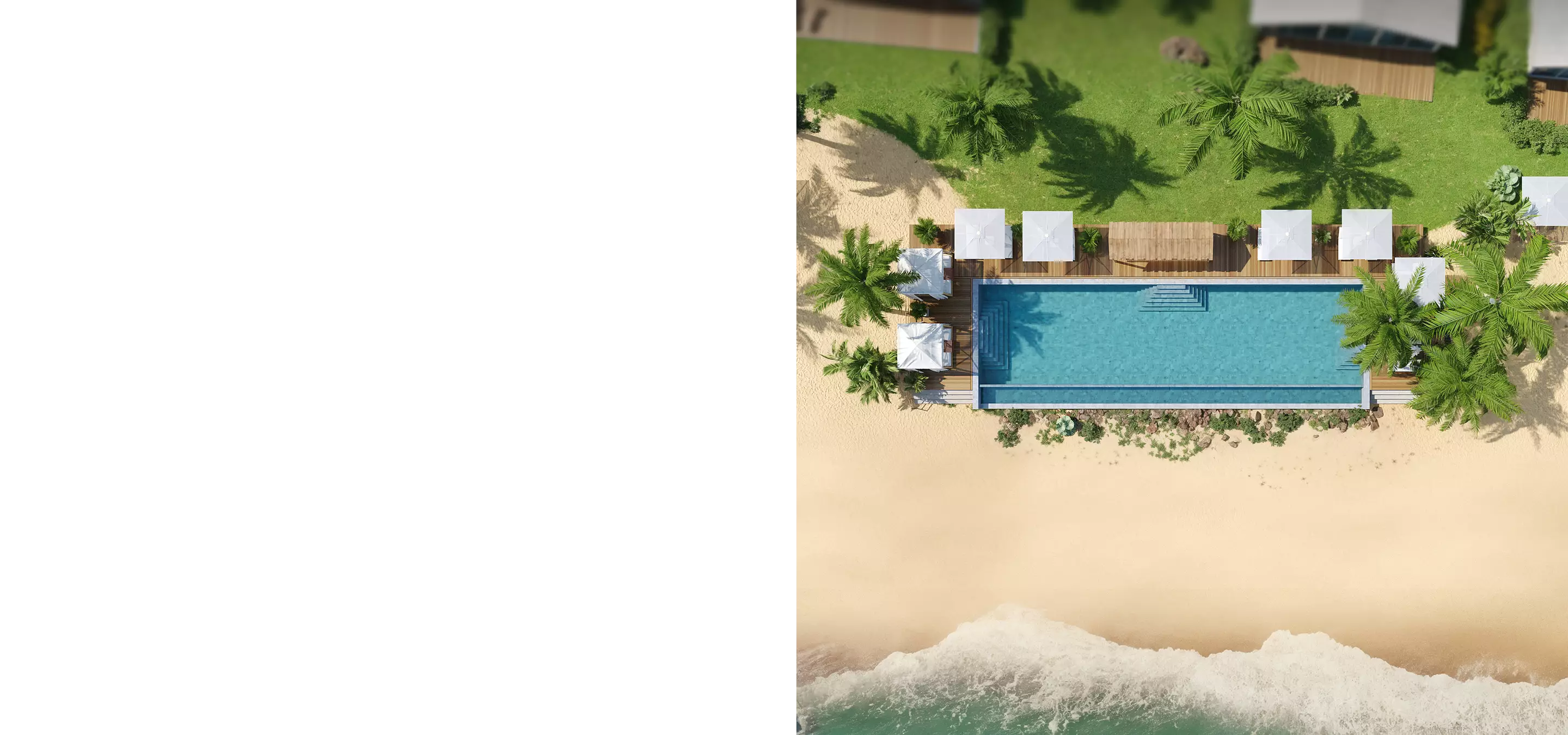 Aerial architectural 3D visualization of a pool and beach landscape