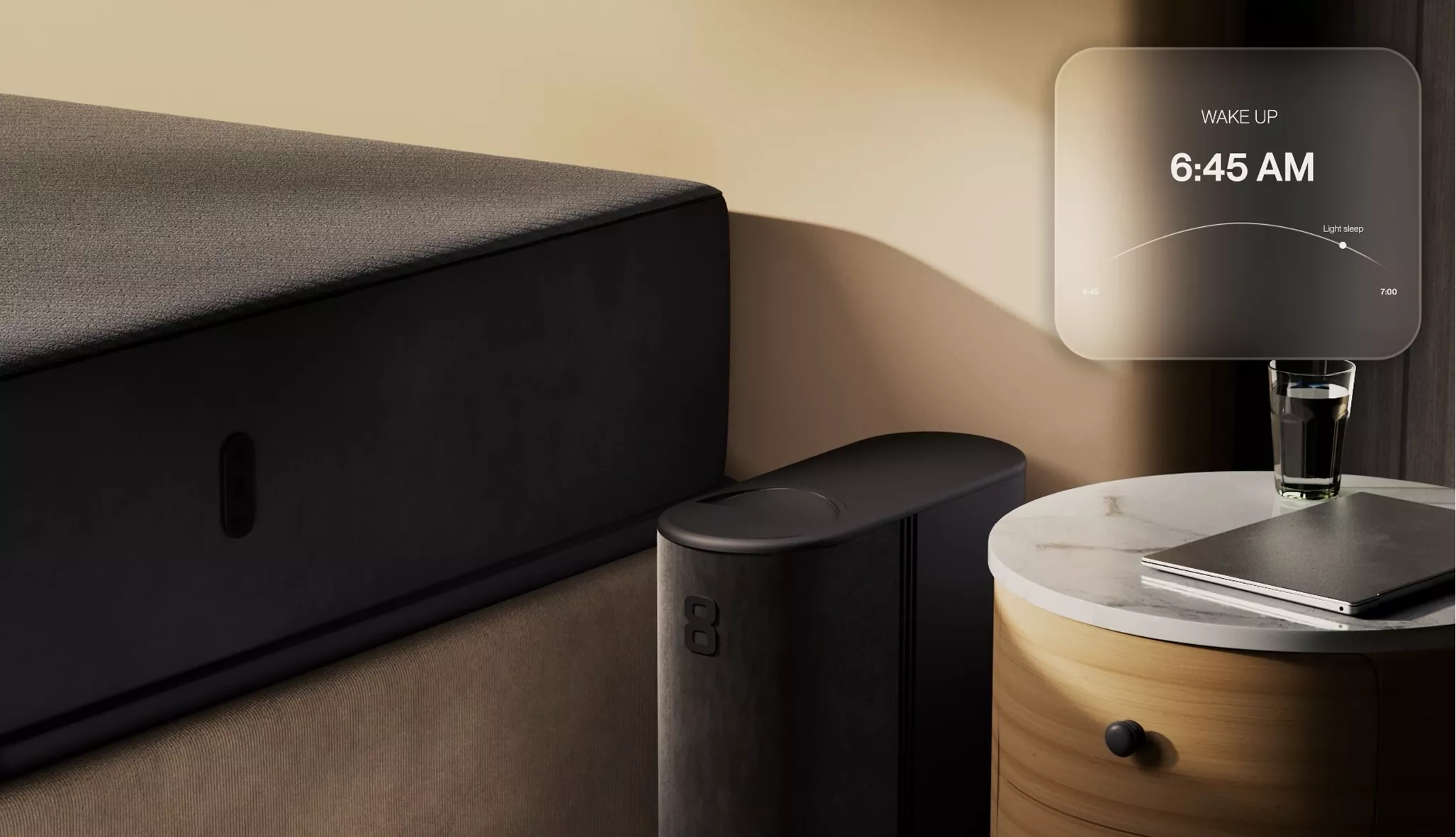 Animation for Sleep Accessories showing smart bedside sleep tracker with wake up display interface