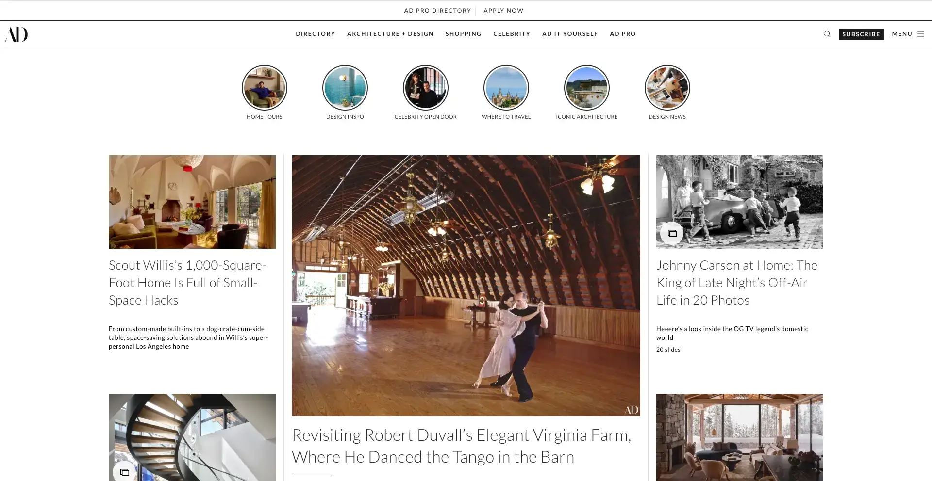 Architectural Digest homepage featuring interior architecture and lifestyle projects