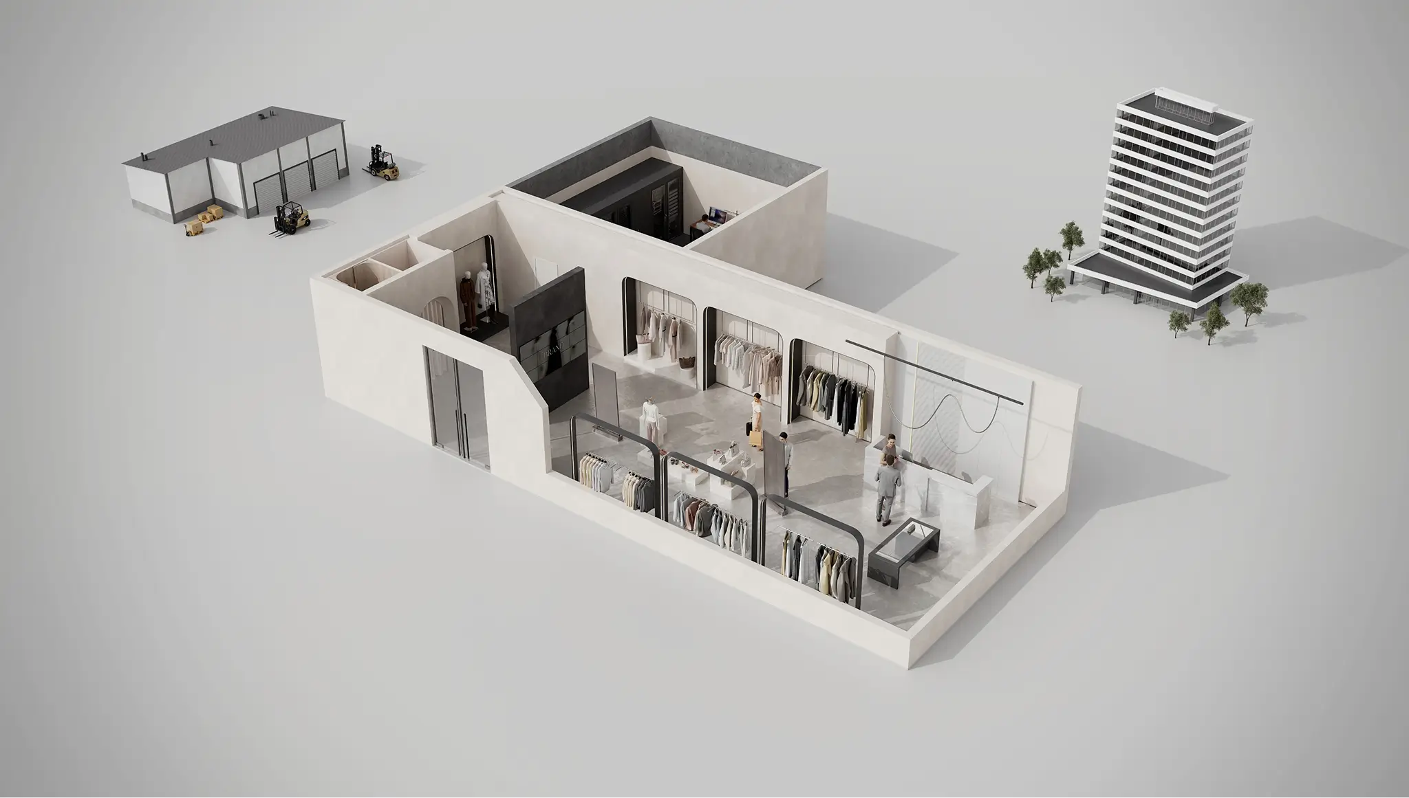 Architectural visualization of retail interior cutaway with showroom layout