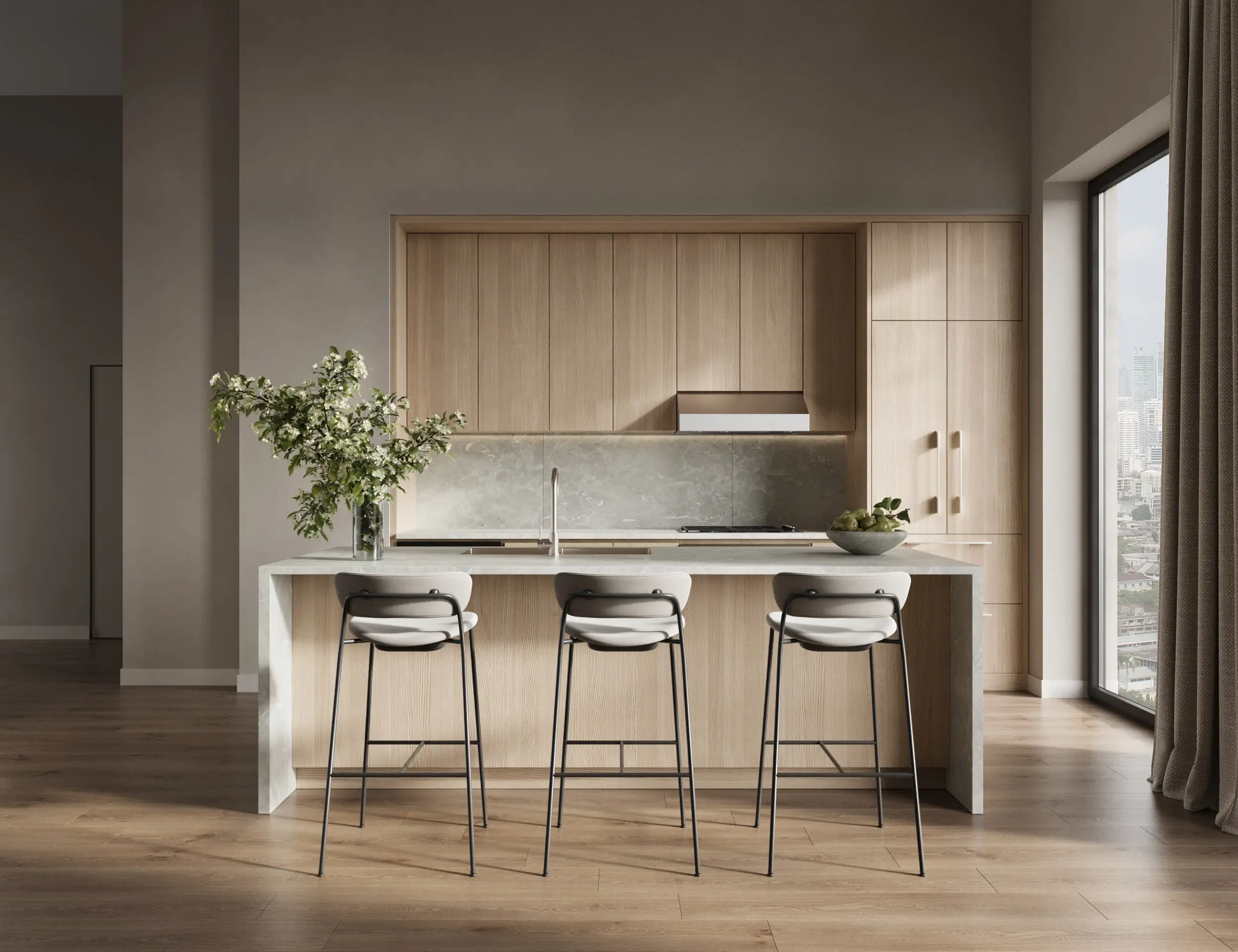 Modern kitchen created with 3D rendering software for interior design showing realistic lighting and materials