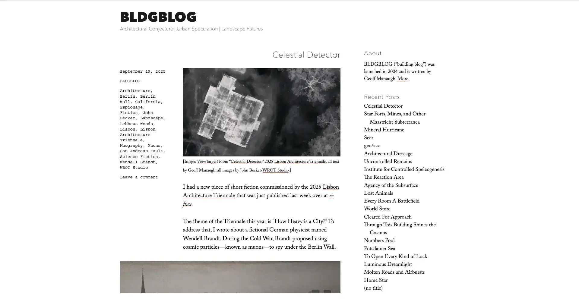 BLDGBLOG article page focused on architectural theory and urban design