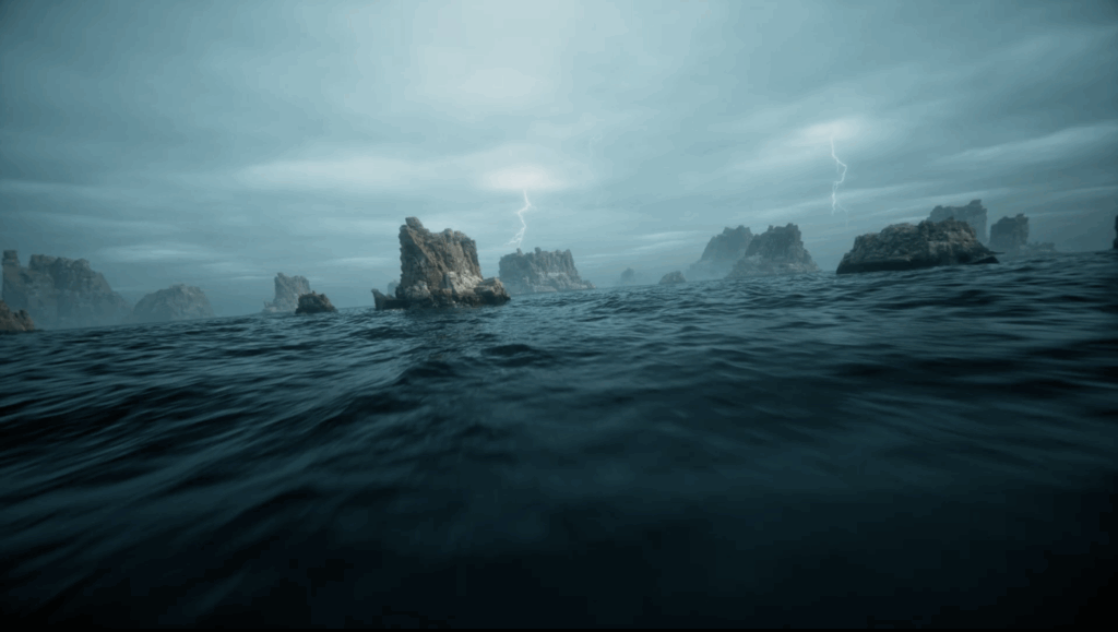 Cinematic storm over rocky ocean coastline with lightning and heavy waves
