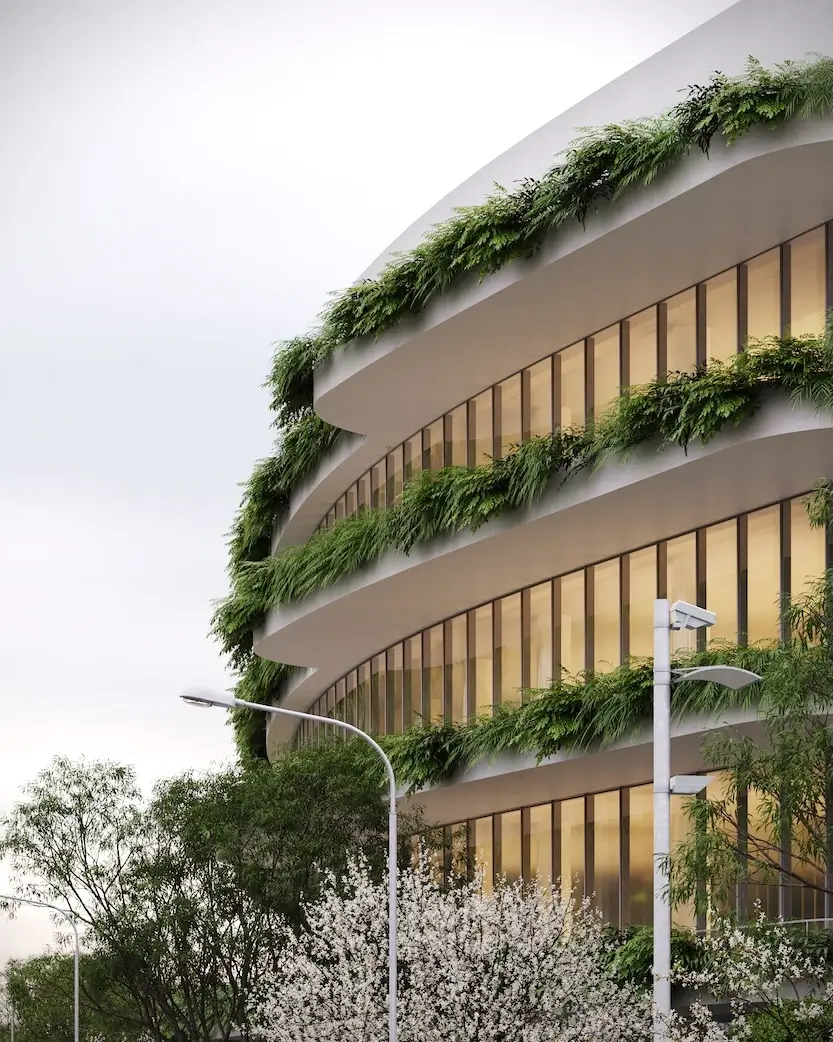 What Is 3D Visualization? Commercial building exterior 3D visualization with green terraces