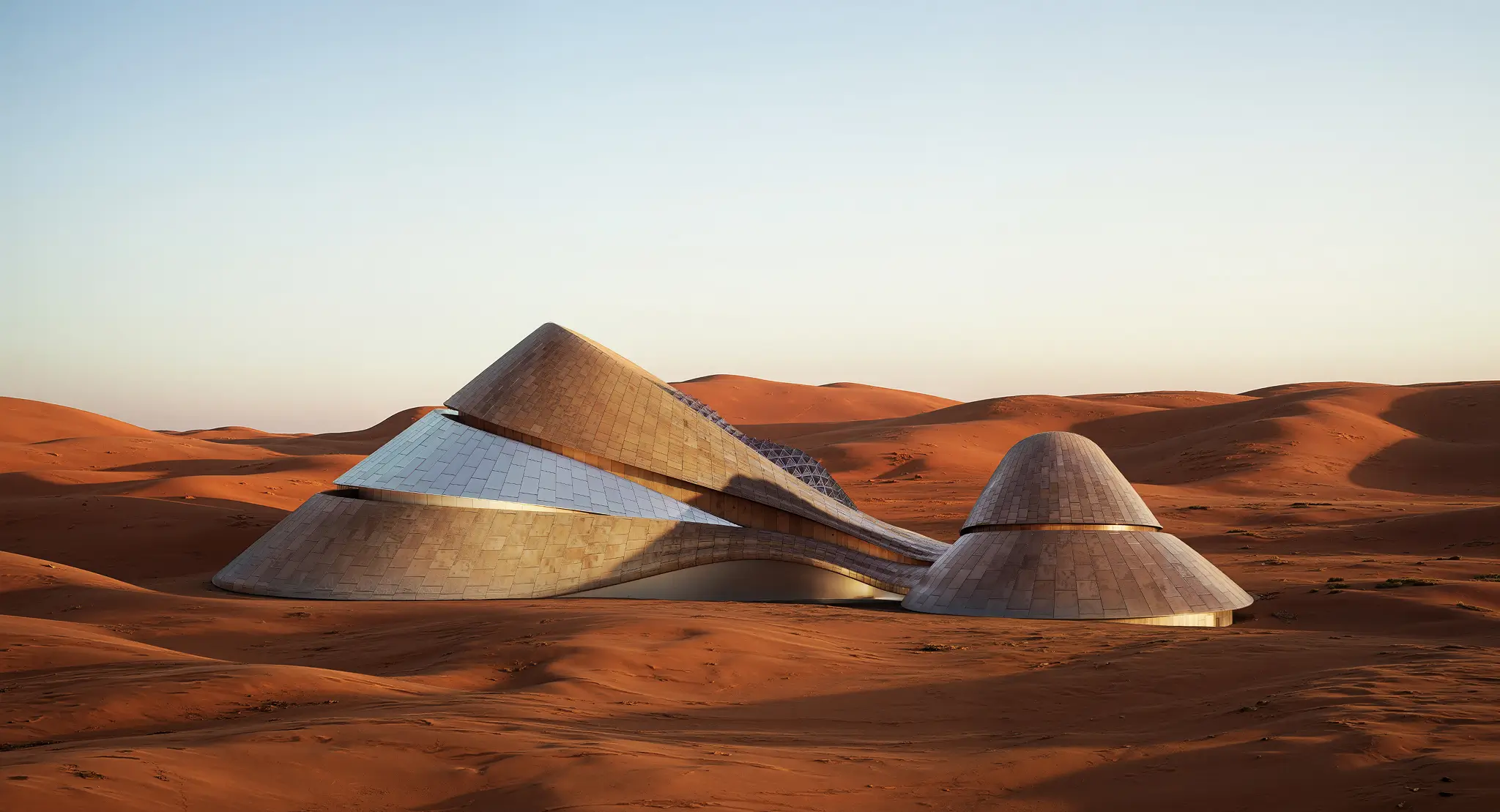 Contemporary desert architecture building set within sand dunes landscape