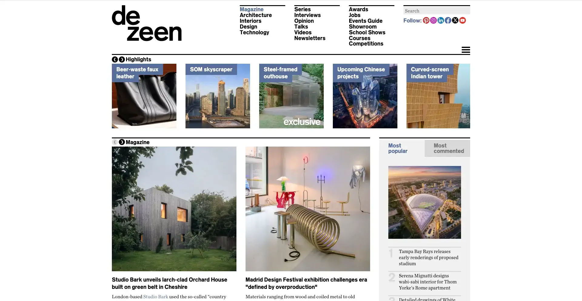 Dezeen homepage showing contemporary design and global architectural trends