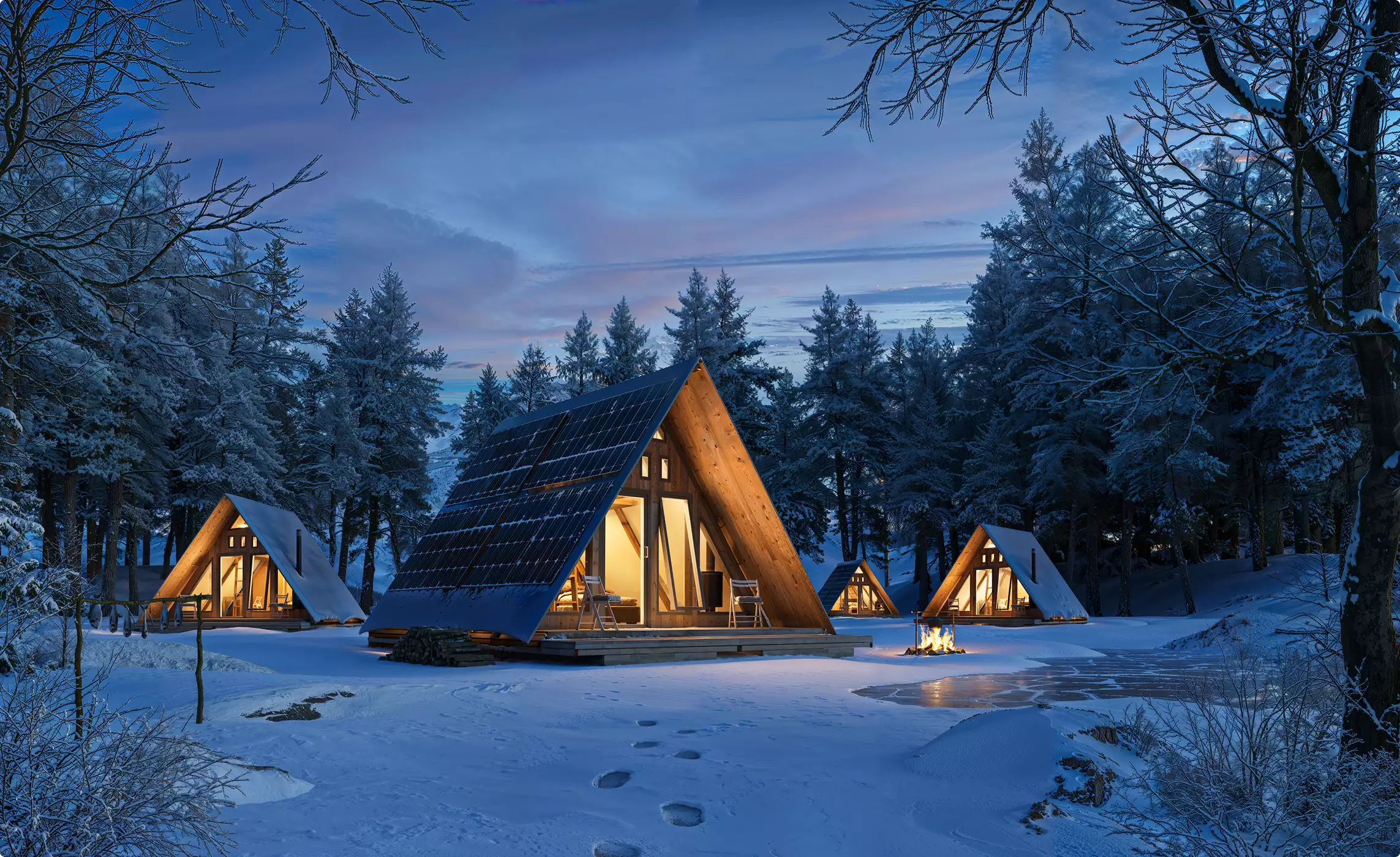 Eco houses design with a frame cabins with solar panels in snowy forest at dusk