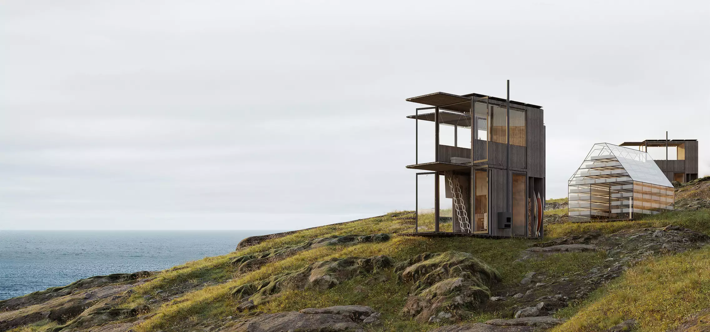 Eco houses design with modern modular cabins on coastal hillside overlooking ocean