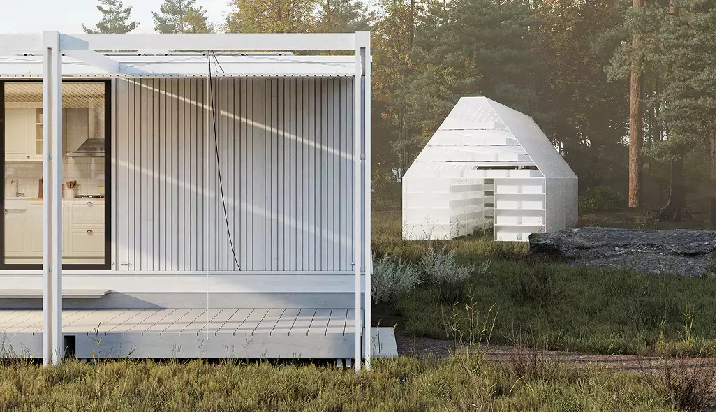 Eco houses design with modular container house and small greenhouse in forest landscape