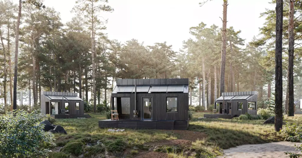 Eco houses design with small modern cabins and solar roofs in pine forest landscape