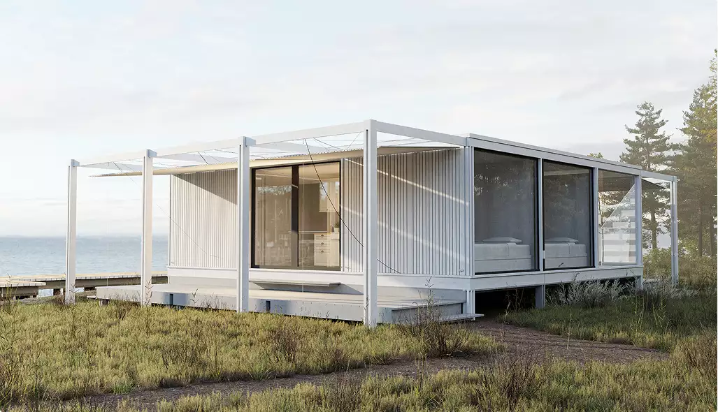 Eco houses design with modern modular glass house near lake in natural landscape